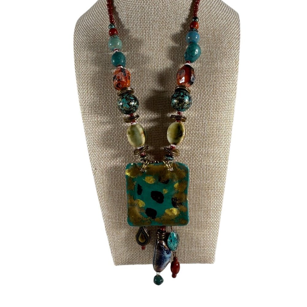 Artisan Boho Painted Gold Tone Pendant Necklace Multicolored Beaded Dangle